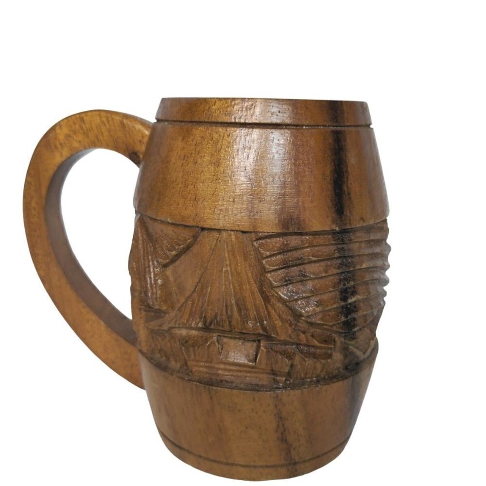 Hand Carved Wooden Tiki Mug Cup 5.25"